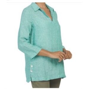 Tahari‎ Womens Teal 100% Linen V-Neck 3/4 Sleeve Tunic Top Size S Side Buttons